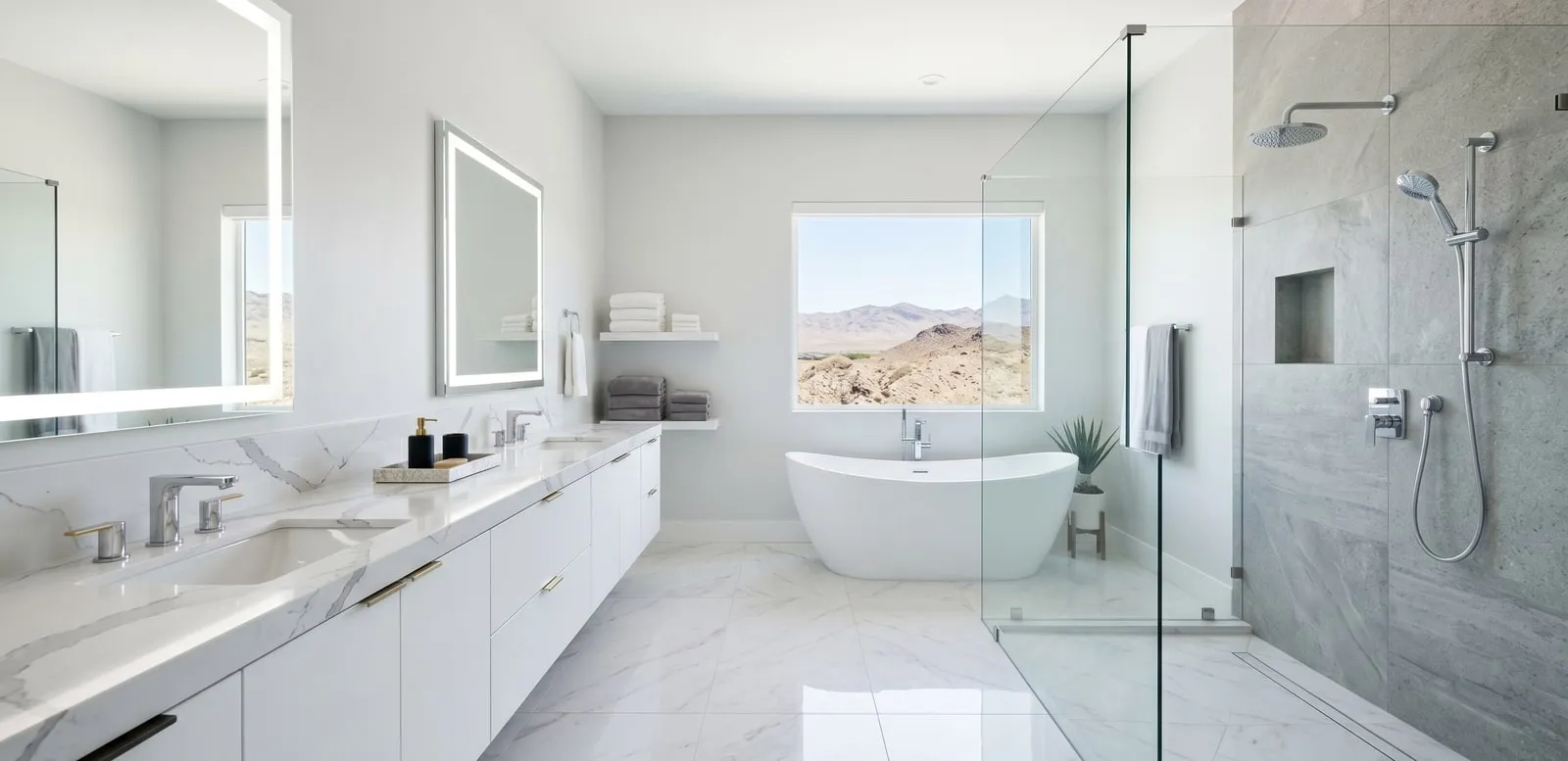 Spa-style bathroom remodel with a marble walk-in shower by Maintenance America
