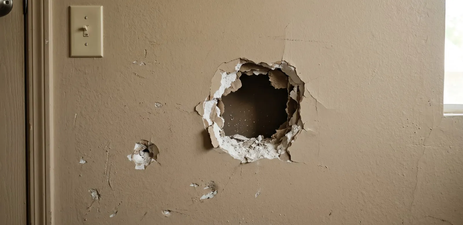 Damaged, cracked drywall before the repair