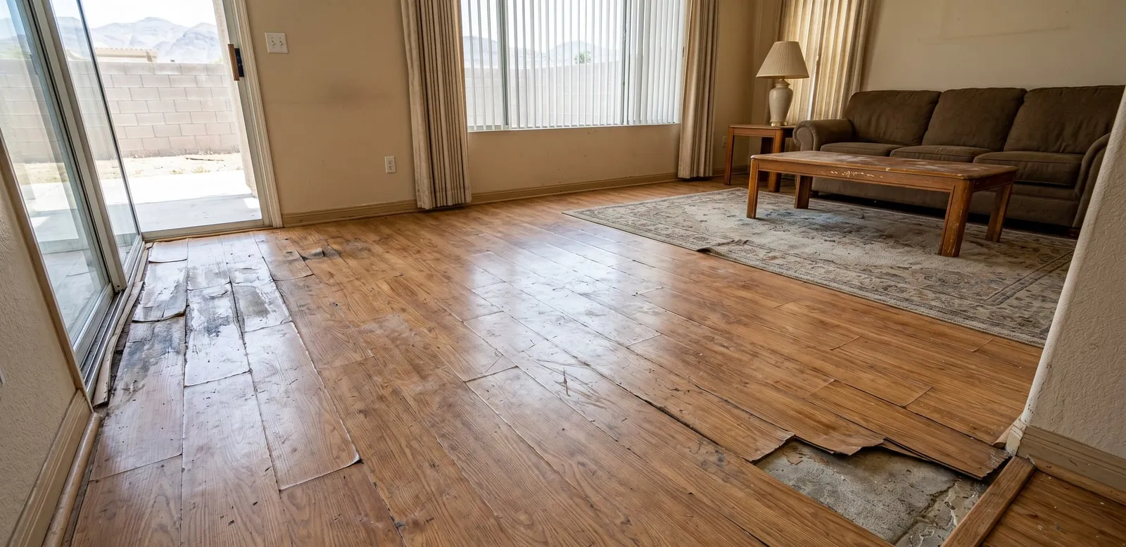 Worn, buckled flooring before replacement