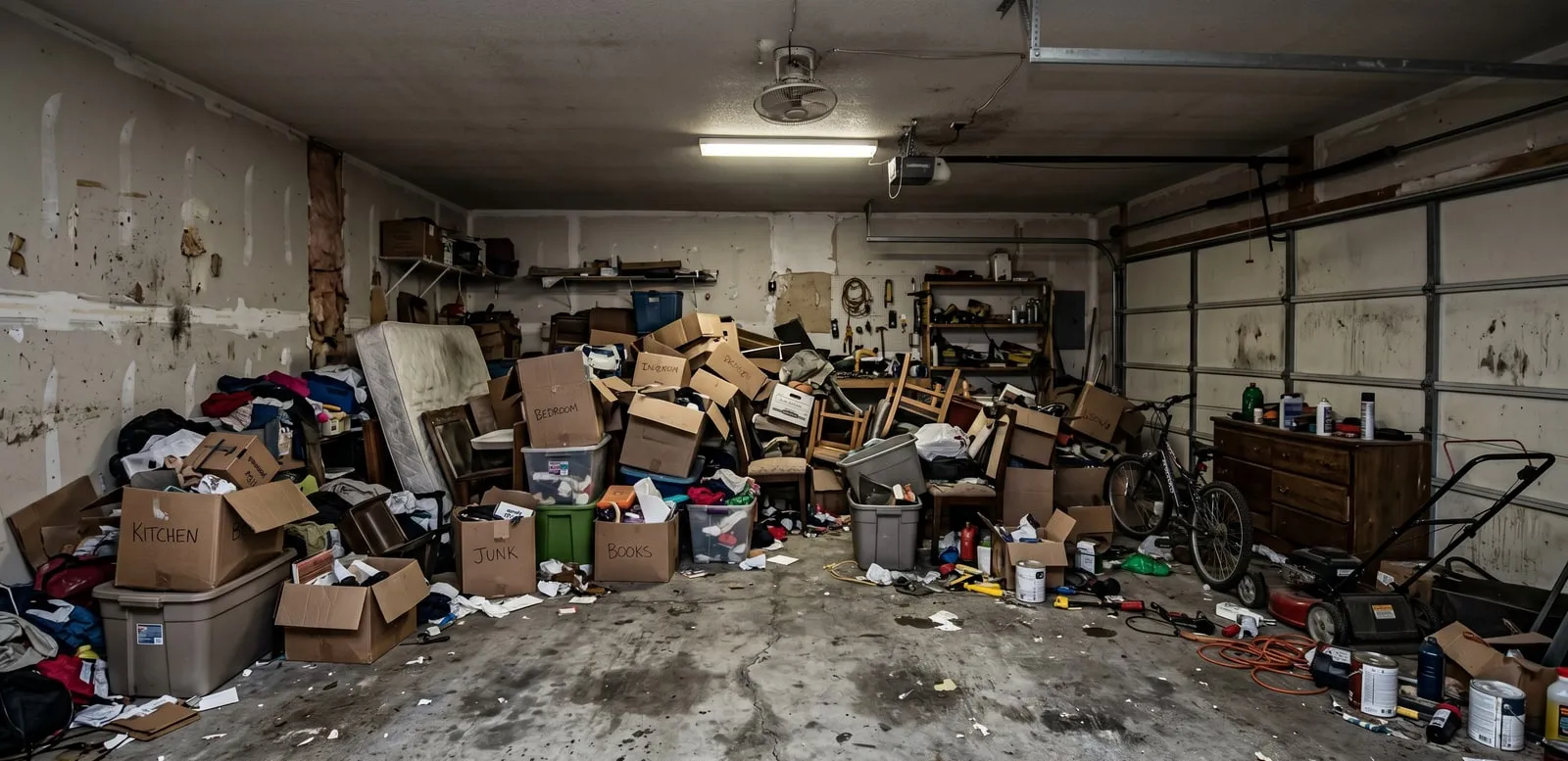 Cluttered garage with a bare concrete floor before the epoxy coating