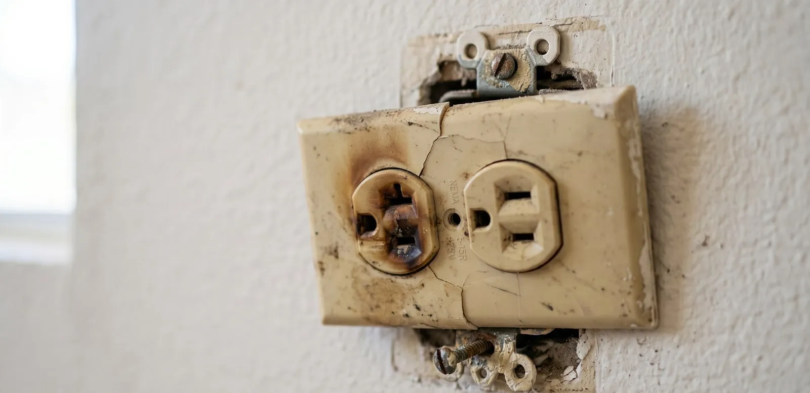 Old, discolored electrical outlet before replacement