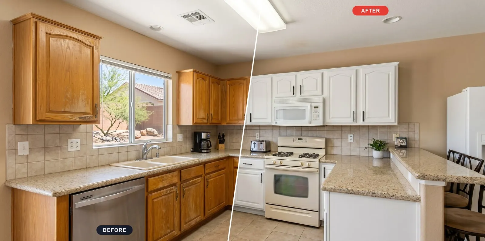 Before and after of a Las Vegas kitchen cabinet refinish, dated honey-oak transformed to clean white by Maintenance America