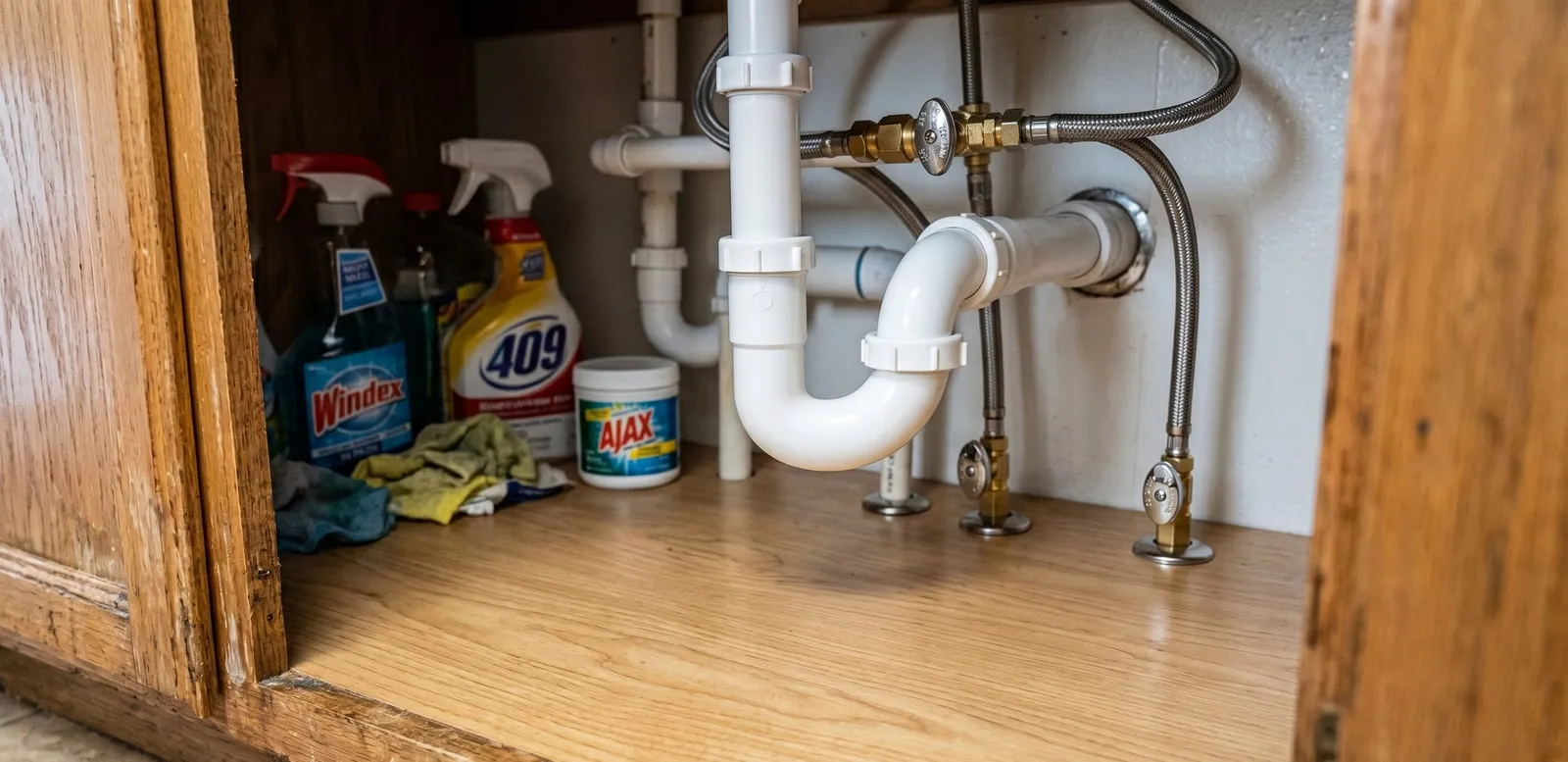 Clean, leak-free under-sink plumbing repaired by Maintenance America in Las Vegas