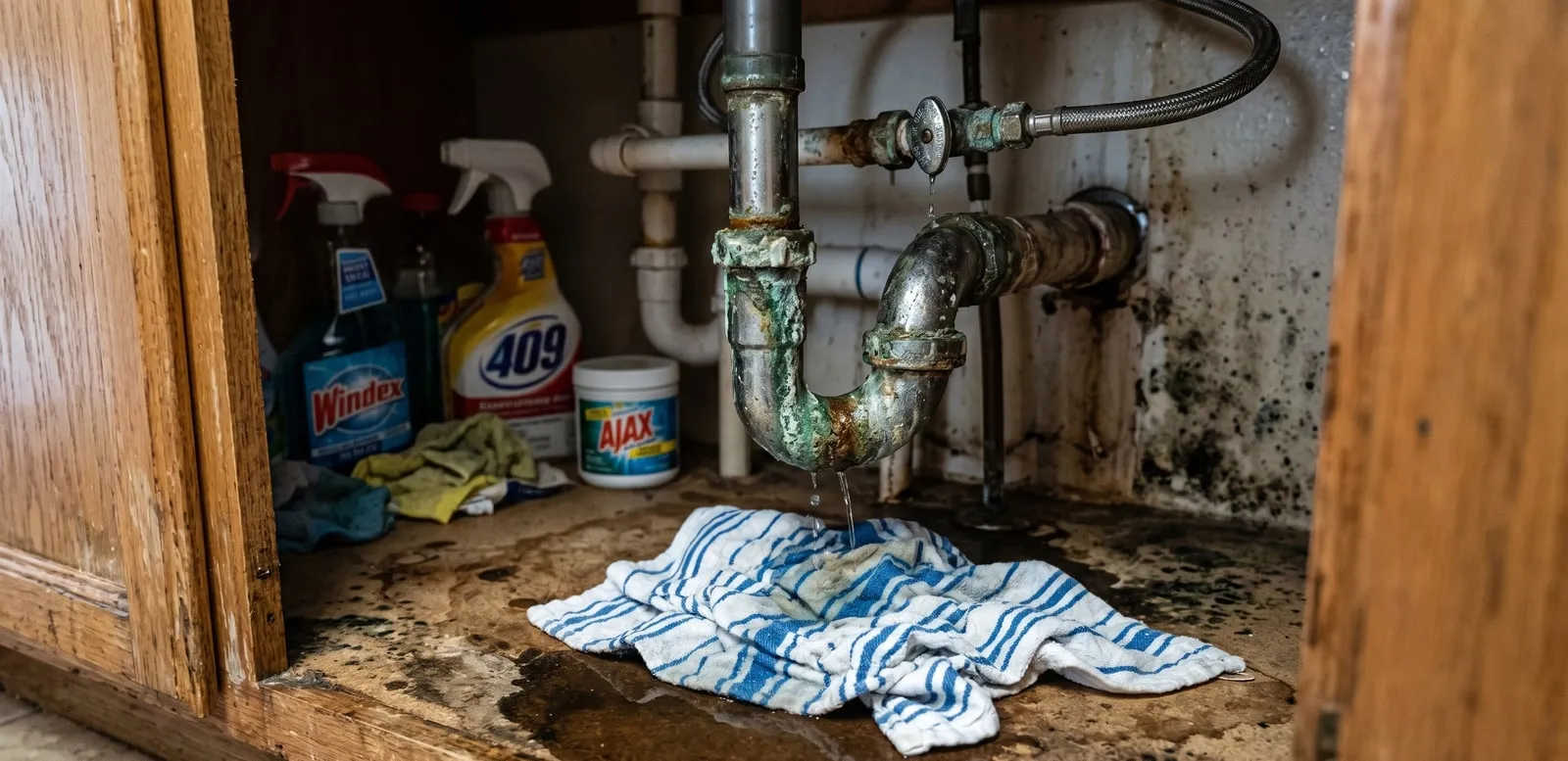 Worn, leaking under-sink plumbing before the repair