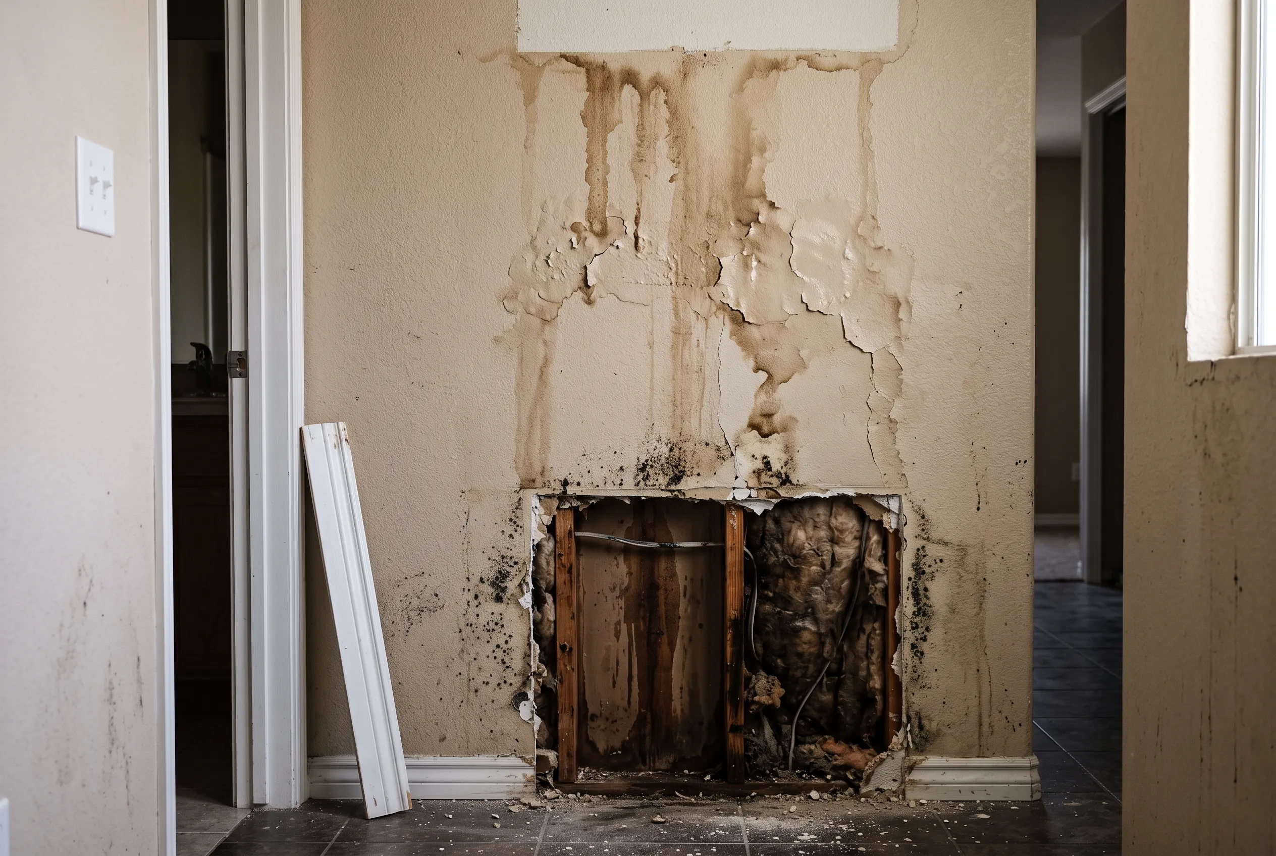 Hallway wall with heavy water staining, peeling paint, and mold around an opened drywall section