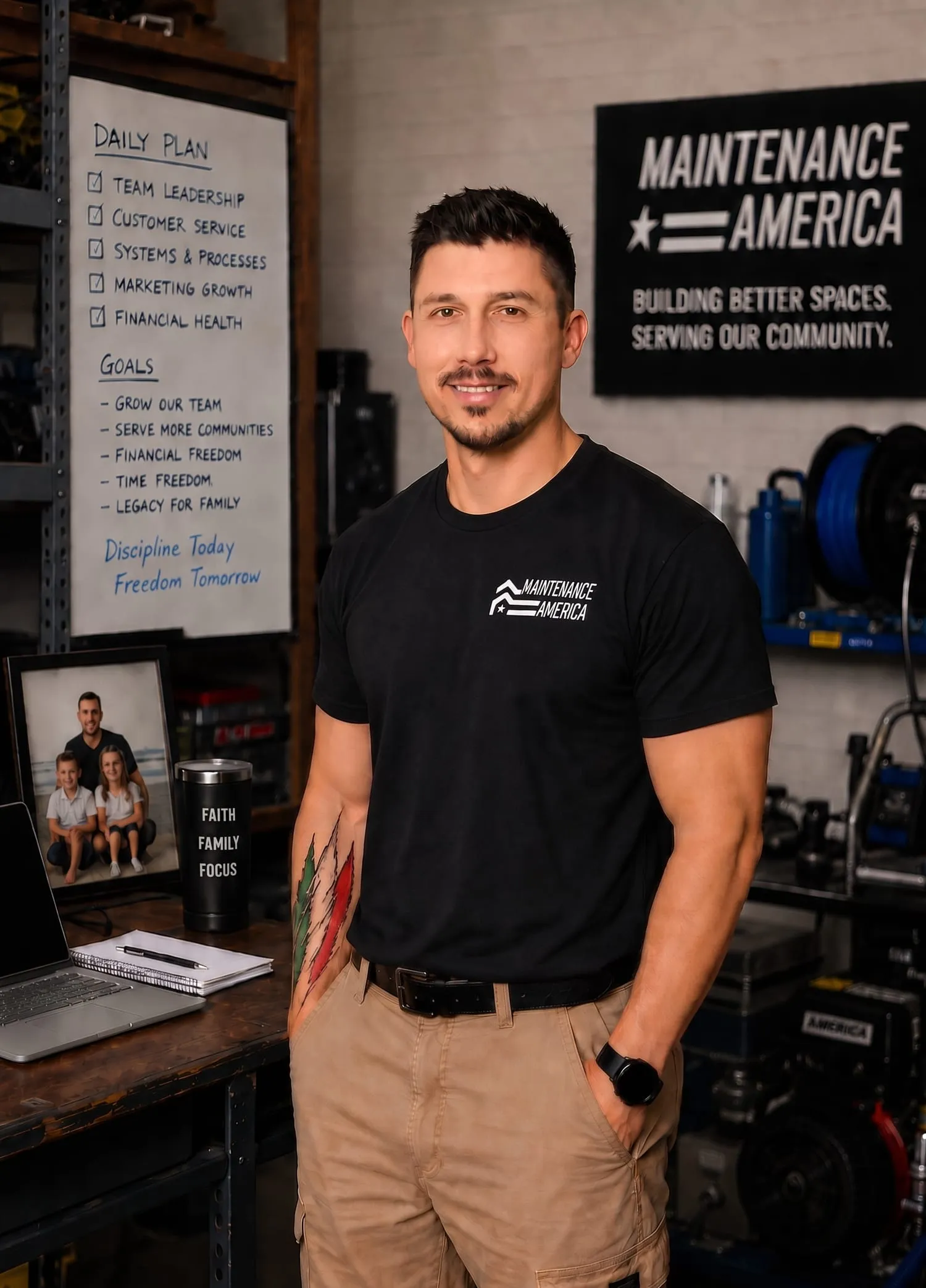 Tony Cuomo, owner of Maintenance America, in the company workshop beside its faith, honor, and ownership values board