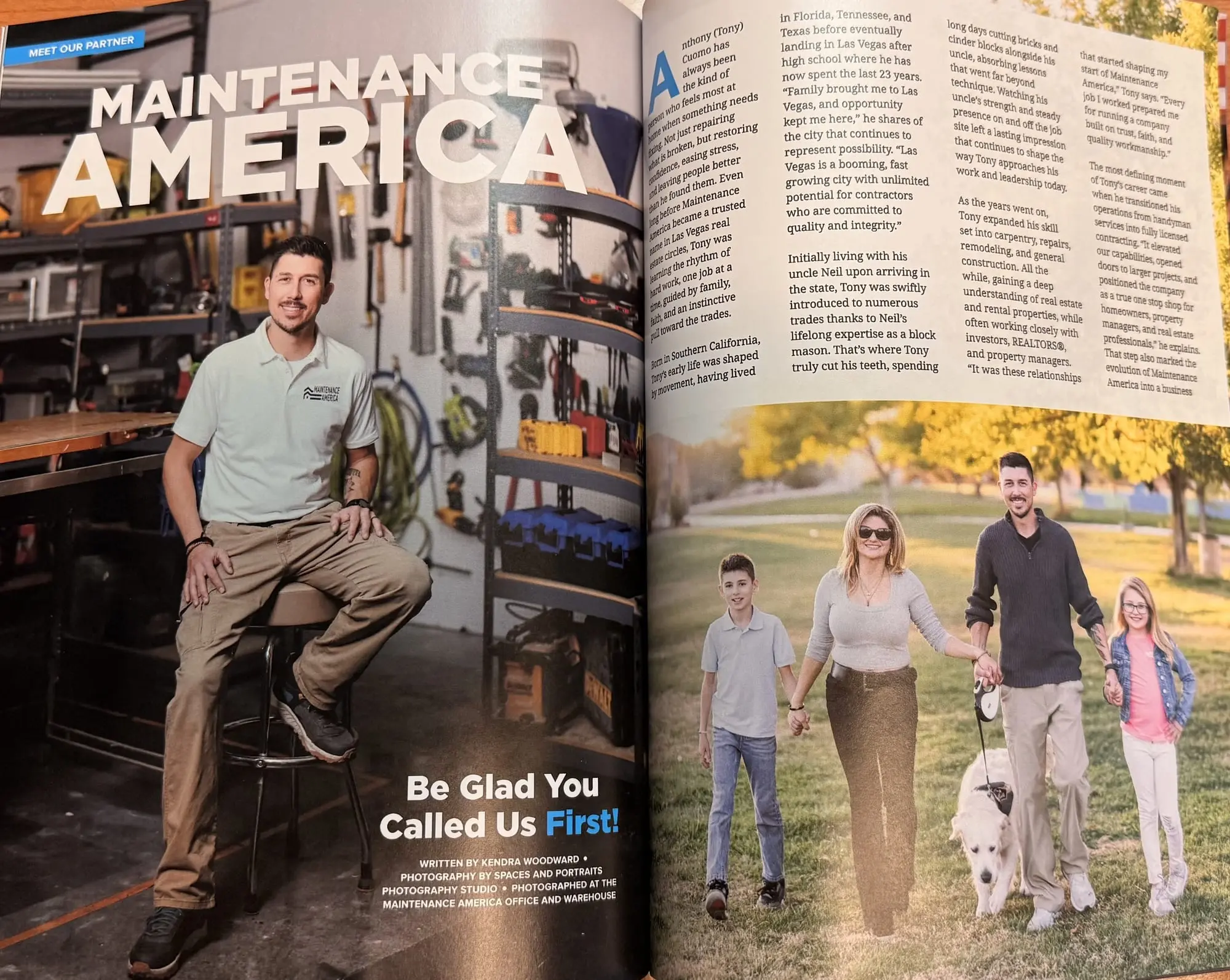 The Maintenance America feature article in Las Vegas Real Producers magazine, March 2026, showing owner Tony Cuomo in the company workshop and the Cuomo family