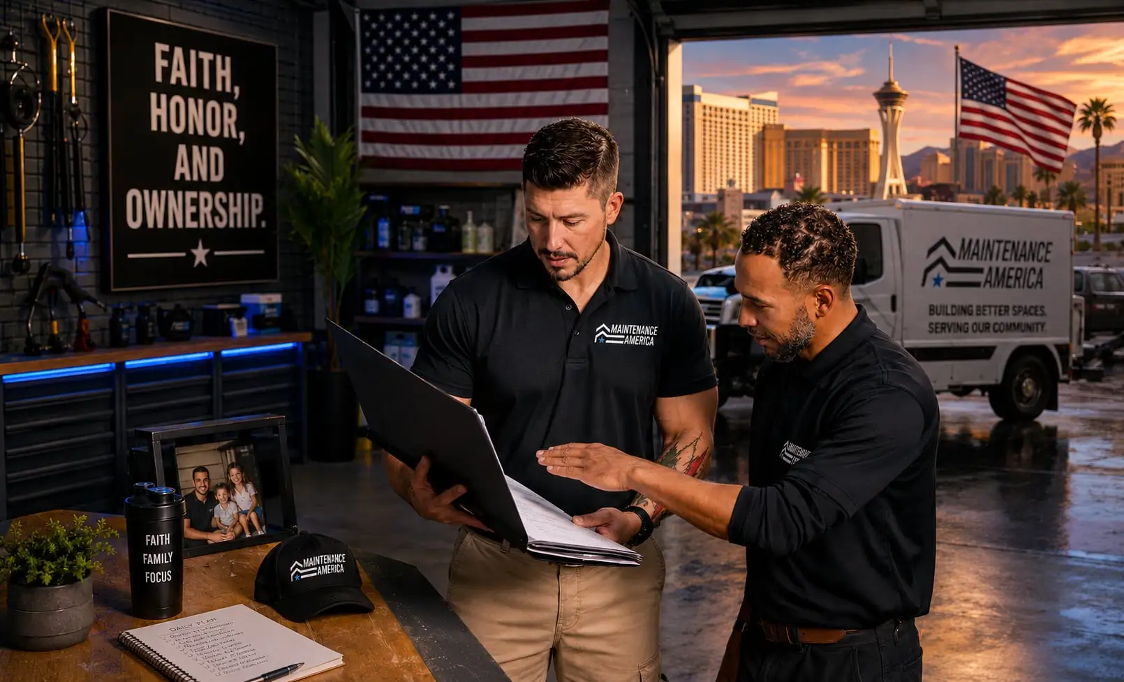 Tony Cuomo and a Maintenance America technician reviewing a job plan