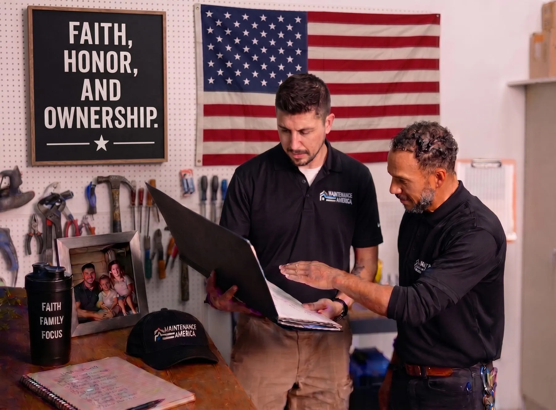 Maintenance America technicians reviewing a written water damage repair scope in the Las Vegas workshop